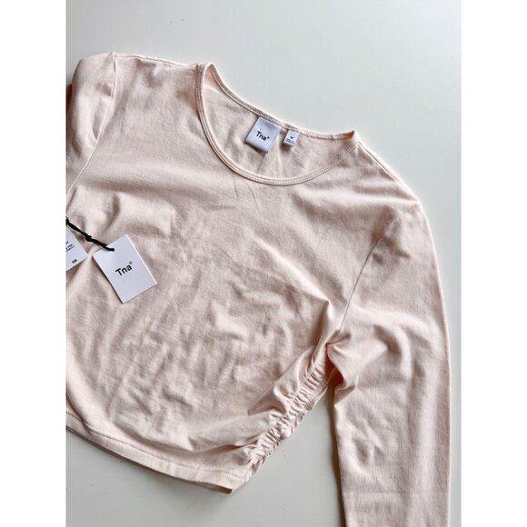 NWT Aritzia TNA Chill Malibu Pink Cotton Jersey Ruched Cropped T-Shirt, Size M - Picture 5 of 9